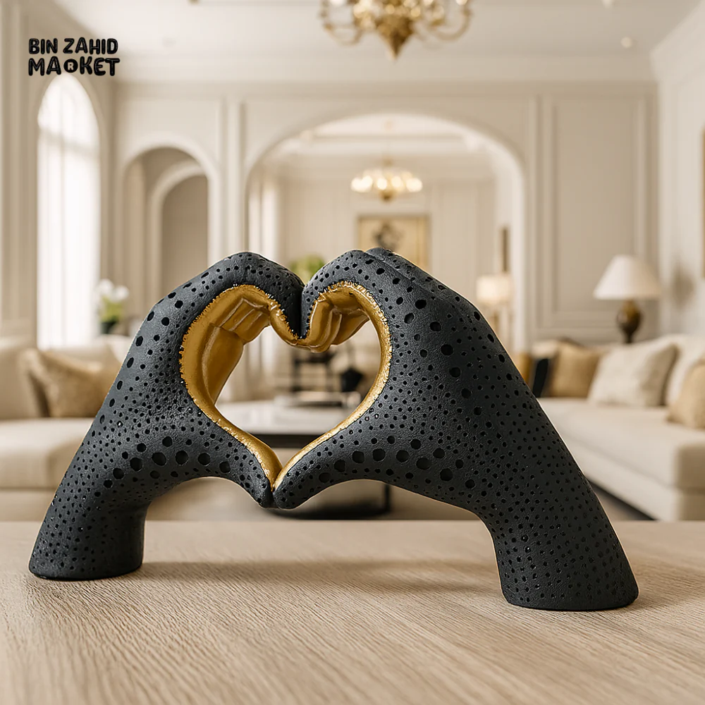 DECORATIVE BLACK & GOLD HEART HANDS SCULPTURE – LUXURY VILLA DECOR ACCENT PIECE