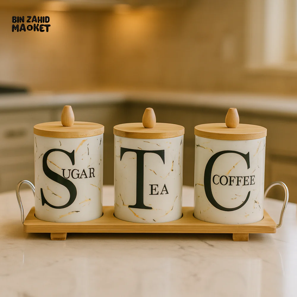 DELUXE SUGAR TEA COFFEE SET – 3 CERAMIC CONTAINERS WITH BAMBOO LIDS & TRAY