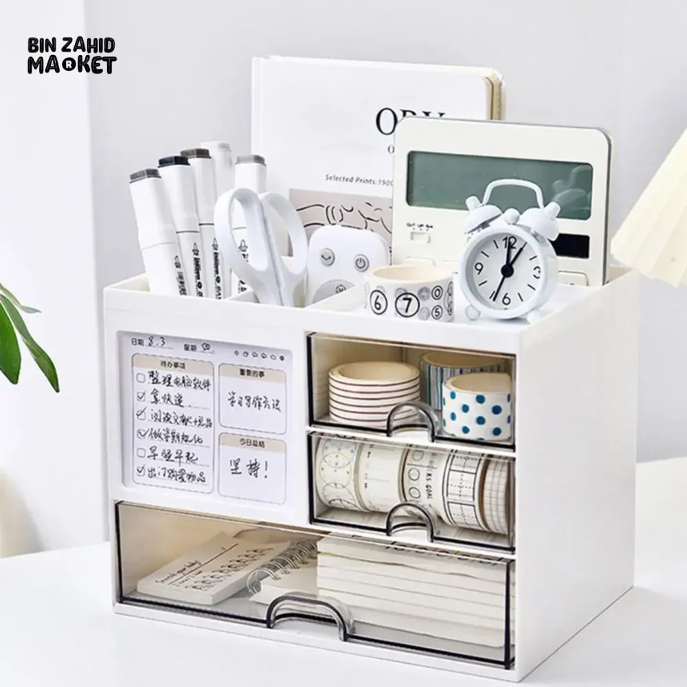 DESKTOP ORGANIZER DRAWER BOX WITH PEN HOLDER STORAGE CASE FOR OFFICE SCHOOL HOME - Image 2