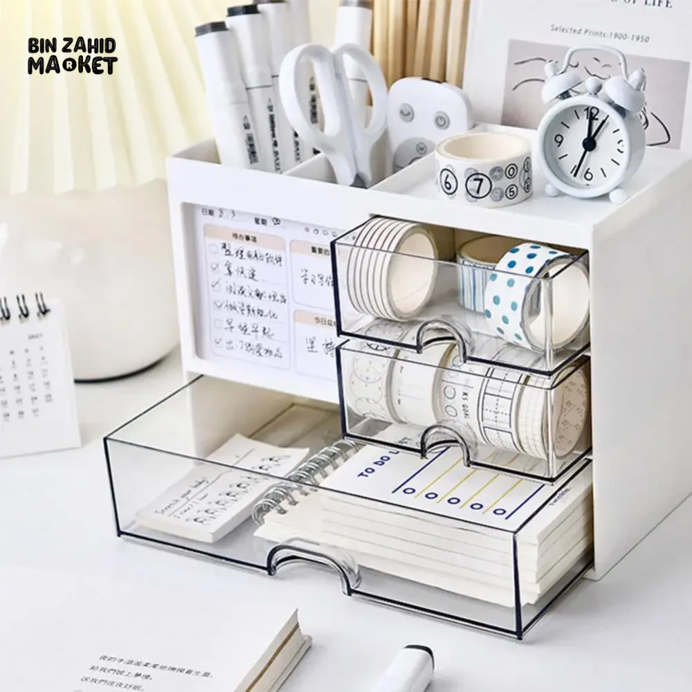 DESKTOP ORGANIZER DRAWER BOX WITH PEN HOLDER STORAGE CASE FOR OFFICE SCHOOL HOME - Image 4