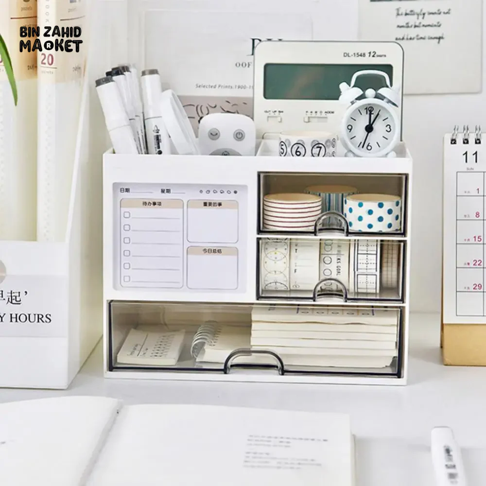 DESKTOP ORGANIZER DRAWER BOX WITH PEN HOLDER STORAGE CASE FOR OFFICE SCHOOL HOME - Image 5