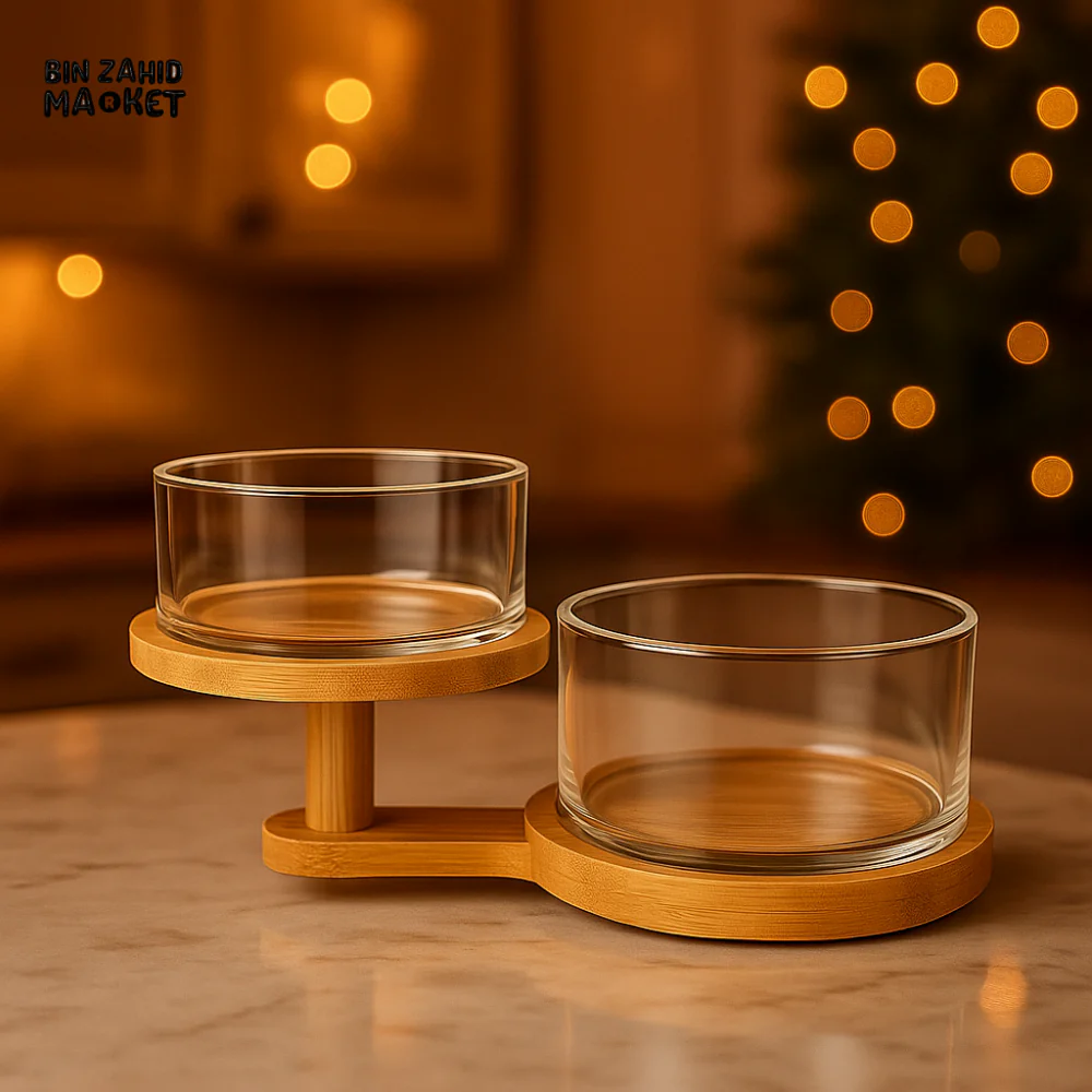 DOUBLE GLASS SNACK BOWL SET WITH BAMBOO TRAY – ELEGANT SERVING BOWLS FOR DRY FRUITS CANDY & CONDIMENTS