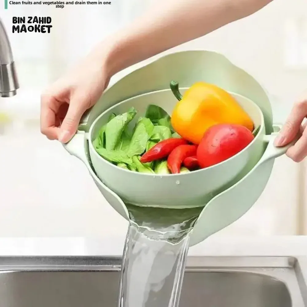 DOUBLE LAYER ROTATING DRAINING BASKET PLASTIC STRAINER BOWL FOR FRUITS VEGETABLES & RICE KITCHEN WASHING & SERVING TOOL - Image 2