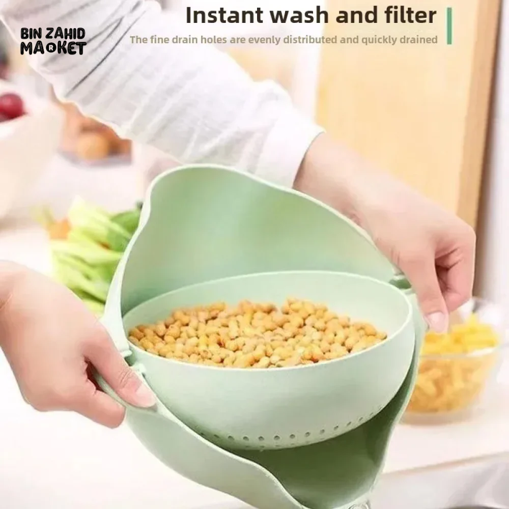 DOUBLE LAYER ROTATING DRAINING BASKET PLASTIC STRAINER BOWL FOR FRUITS VEGETABLES & RICE KITCHEN WASHING & SERVING TOOL - Image 3