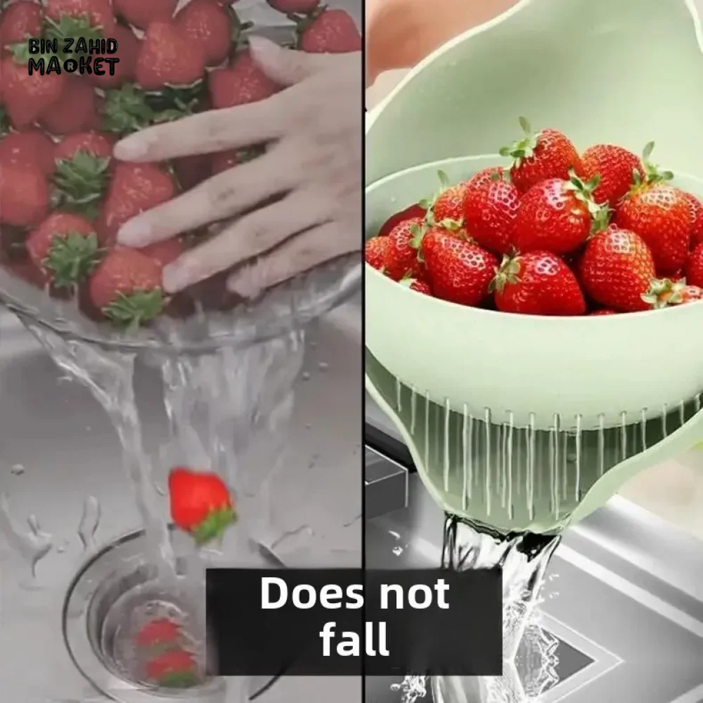 DOUBLE LAYER ROTATING DRAINING BASKET PLASTIC STRAINER BOWL FOR FRUITS VEGETABLES & RICE KITCHEN WASHING & SERVING TOOL - Image 4