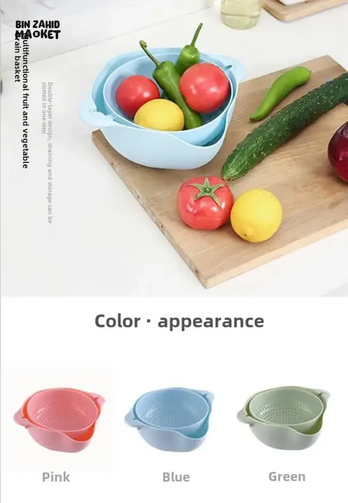 DOUBLE LAYER ROTATING DRAINING BASKET PLASTIC STRAINER BOWL FOR FRUITS VEGETABLES & RICE KITCHEN WASHING & SERVING TOOL - Image 7