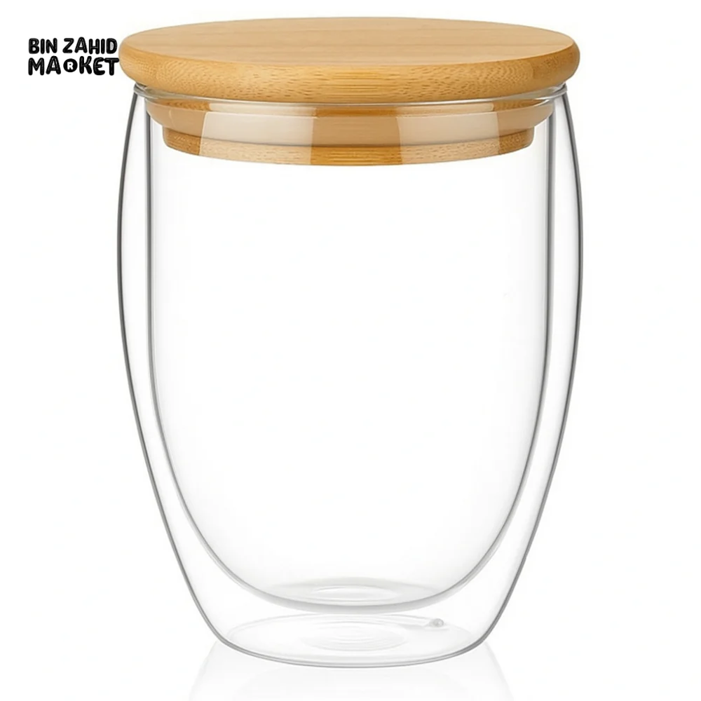DOUBLE-WALLED GLASS COFFEE CUP WITH WOODEN LID - Image 2