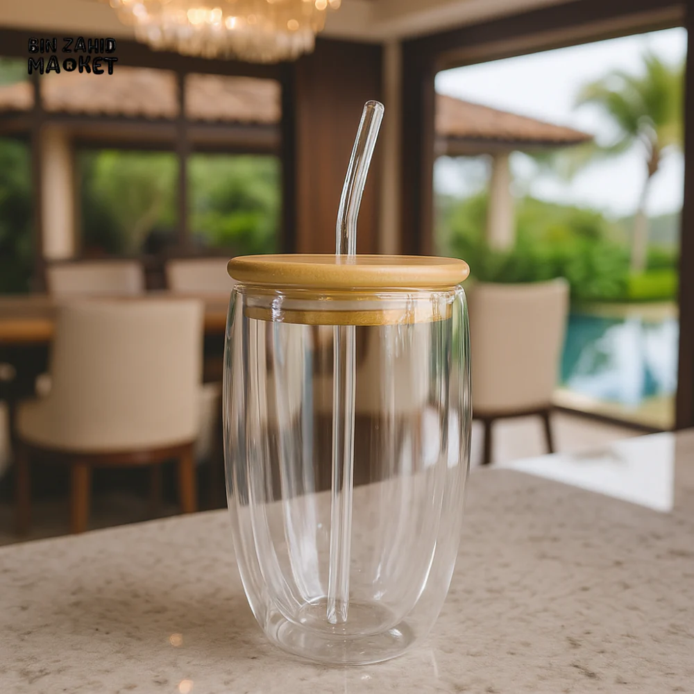 DOUBLE WALLED GLASS TUMBLER WITH BAMBOO LID & STRAW – LUXURY REUSABLE CUP FOR JUICE, COFFEE & SMOOTHIES