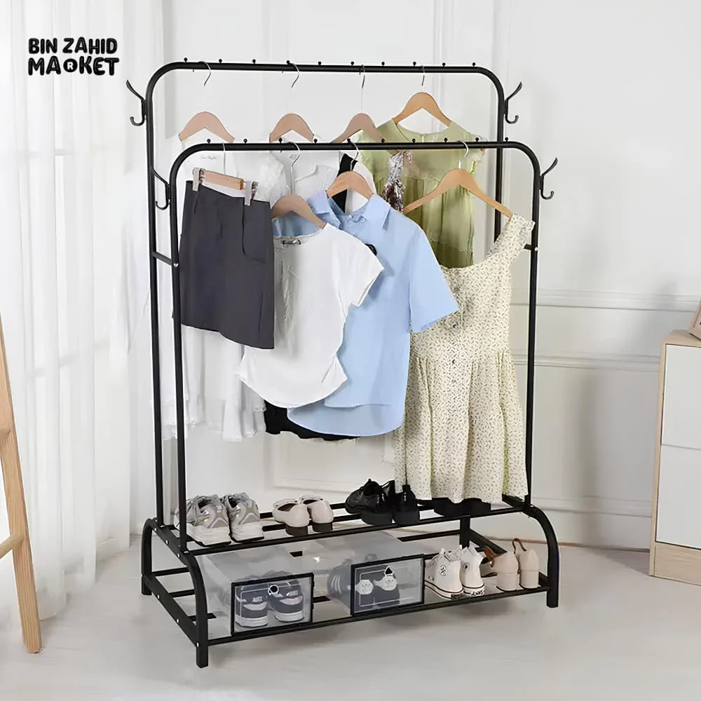 DUAL POLE METAL CLOTHES STAND – WITH DUAL SHOE TIERS & SIDE HOOKS