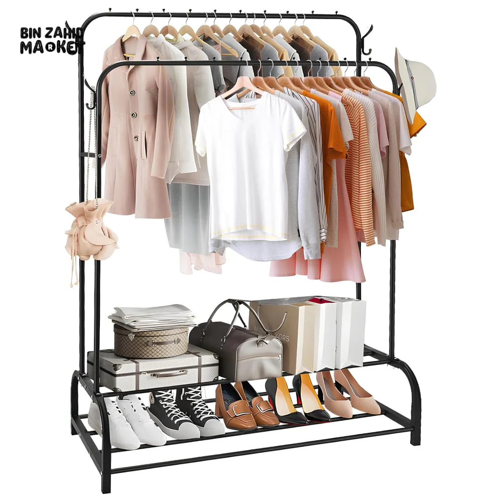 DUAL POLE METAL CLOTHES STAND – WITH DUAL SHOE TIERS & SIDE HOOKS - Image 2