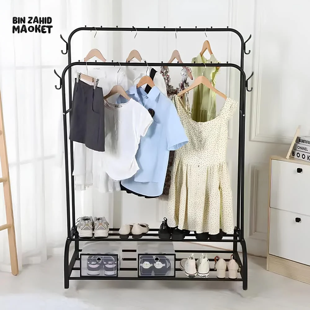 DUAL POLE METAL CLOTHES STAND – WITH DUAL SHOE TIERS & SIDE HOOKS - Image 3