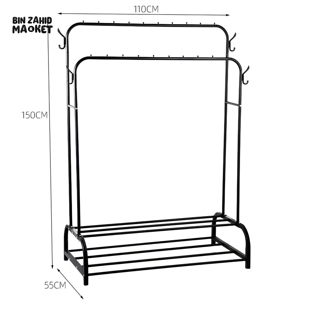 DUAL POLE METAL CLOTHES STAND – WITH DUAL SHOE TIERS & SIDE HOOKS - Image 4