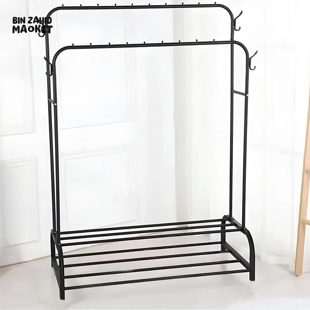 DUAL POLE METAL CLOTHES STAND – WITH DUAL SHOE TIERS & SIDE HOOKS - Image 5