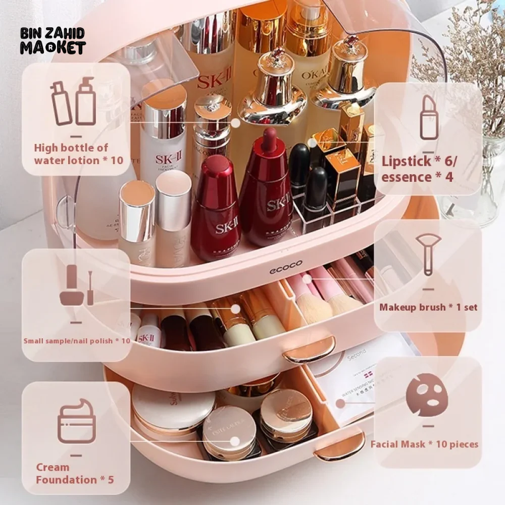 ECOCO LARGE CAPACITY COSMETIC STORAGE BOX – DUSTPROOF & WATERPROOF MAKEUP ORGANIZER WITH DRAWERS - PINK - Image 5