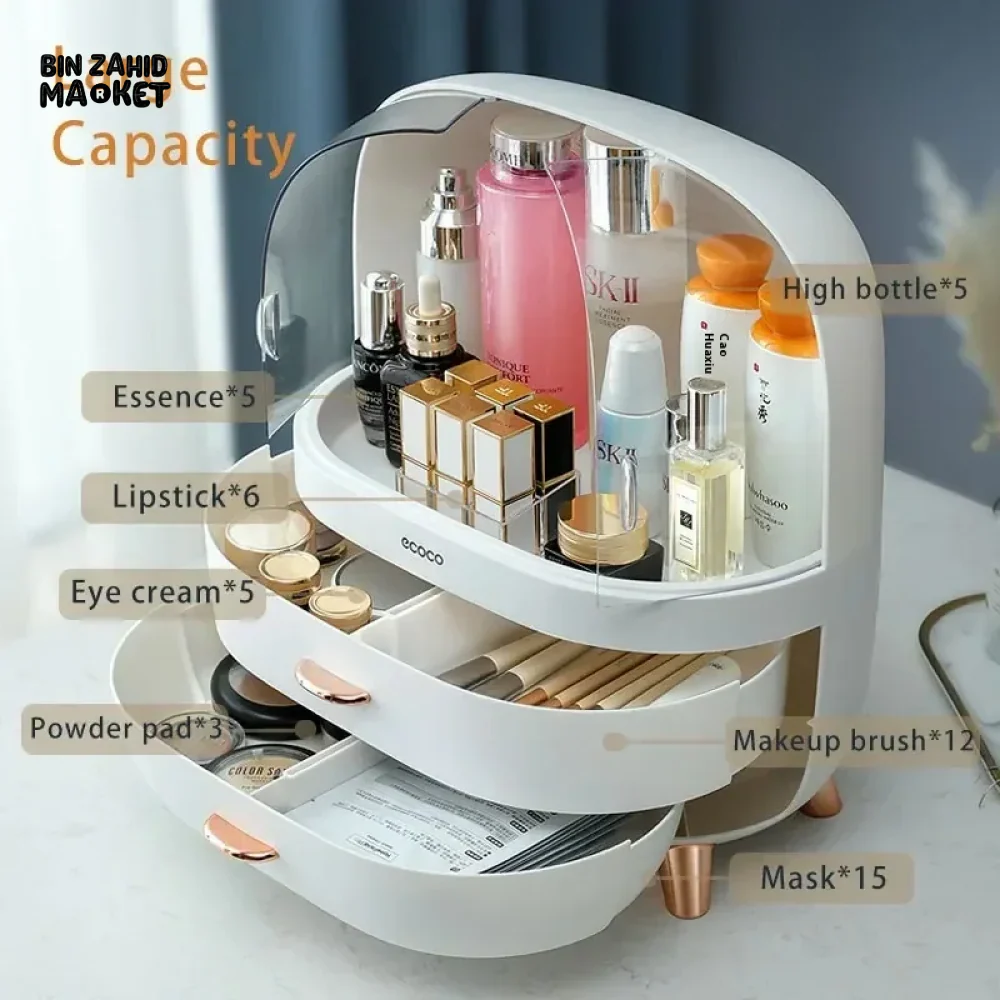 ECOCO LARGE CAPACITY COSMETIC STORAGE BOX – DUSTPROOF & WATERPROOF MAKEUP ORGANIZER WITH DRAWERS - PINK - Image 6