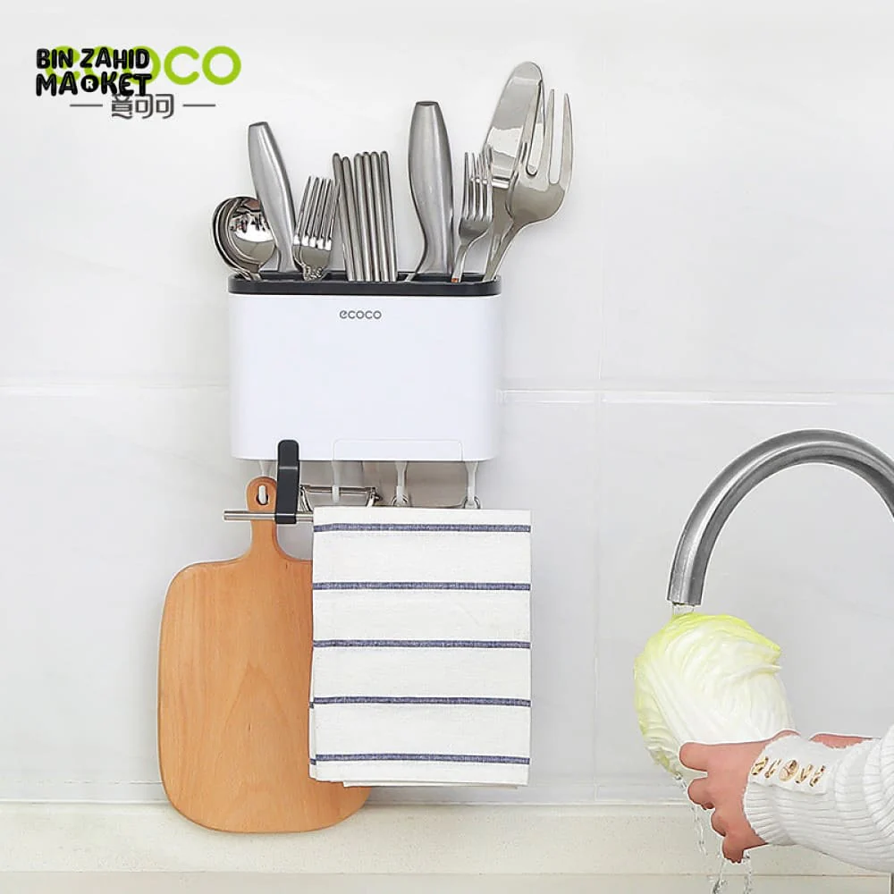 ECOCO MULTIFUNCTION KITCHEN ORGANIZER – ADHESIVE CHOPSTICK HOLDER KNIFE BLOCK RAG BAR SPOON & CUTLERY RACK DRAINING DESIGN - Image 3