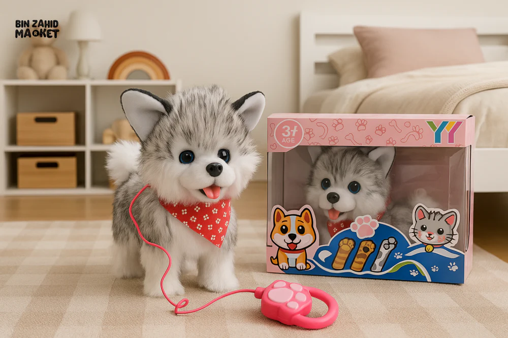 ELECTRIC WALKING HUSKY TOY – GREY & WHITE PUPPY WITH LEASH SOUND & SCARF FOR KIDS
