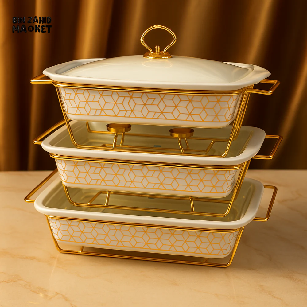 ELEGANT CERAMIC CHAFING DISH SET – WHITE AND GOLD BUFFET SERVER FOR KITCHEN & DINING TABLE