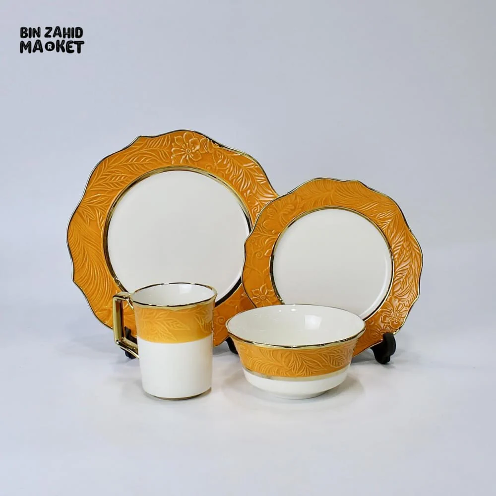 ELEGANT FLORAL EMBOSSED DINNER SET – 16-PIECE PREMIUM PORCELAIN TABLEWARE WITH GOLDEN-YELLOW RIM LUXURY KITCHEN COLLECTION - Image 2