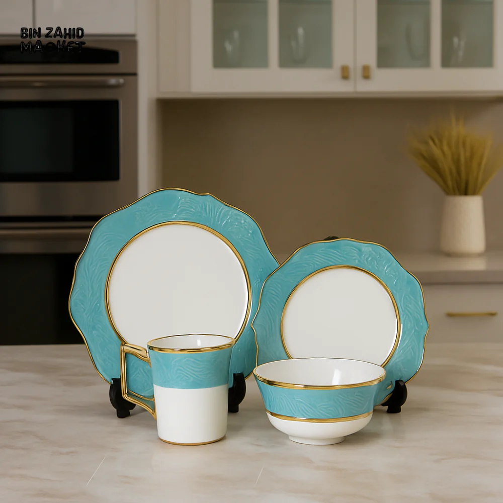 ELEGANT FLORAL EMBOSSED DINNER SET – 16-PIECE PREMIUM PORCELAIN TABLEWARE WITH TEAL RIM LUXURY KITCHEN COLLECTION