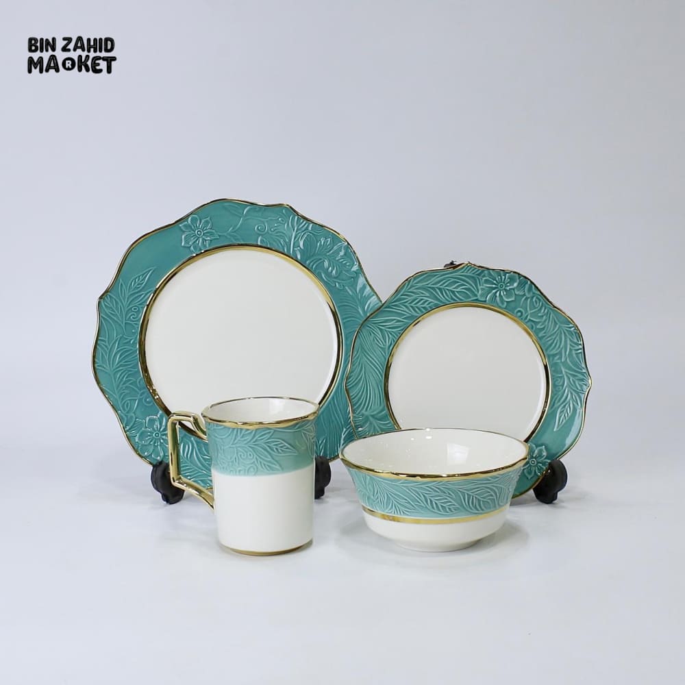 ELEGANT FLORAL EMBOSSED DINNER SET – 16-PIECE PREMIUM PORCELAIN TABLEWARE WITH TEAL RIM LUXURY KITCHEN COLLECTION - Image 2