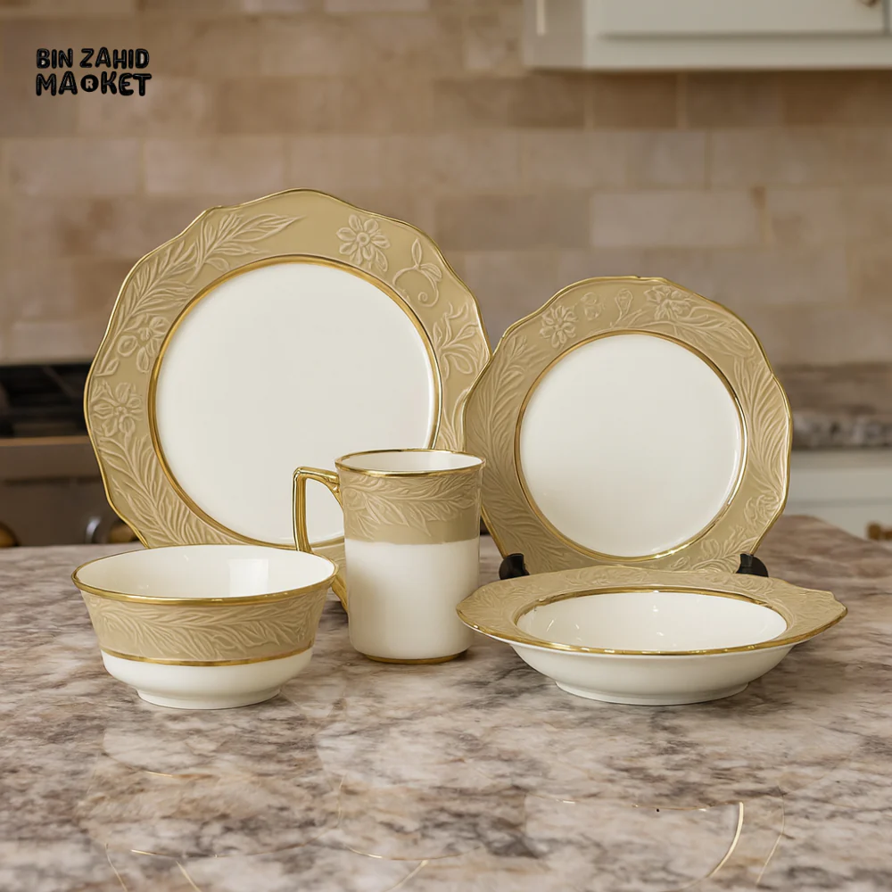 ELEGANT FLORAL EMBOSSED DINNER SET – 30-PIECE PREMIUM PORCELAIN TABLEWARE WITH BEIGE RIM LUXURY KITCHEN COLLECTION