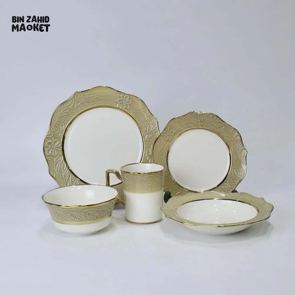 ELEGANT FLORAL EMBOSSED DINNER SET – 30-PIECE PREMIUM PORCELAIN TABLEWARE WITH BEIGE RIM LUXURY KITCHEN COLLECTION - Image 2