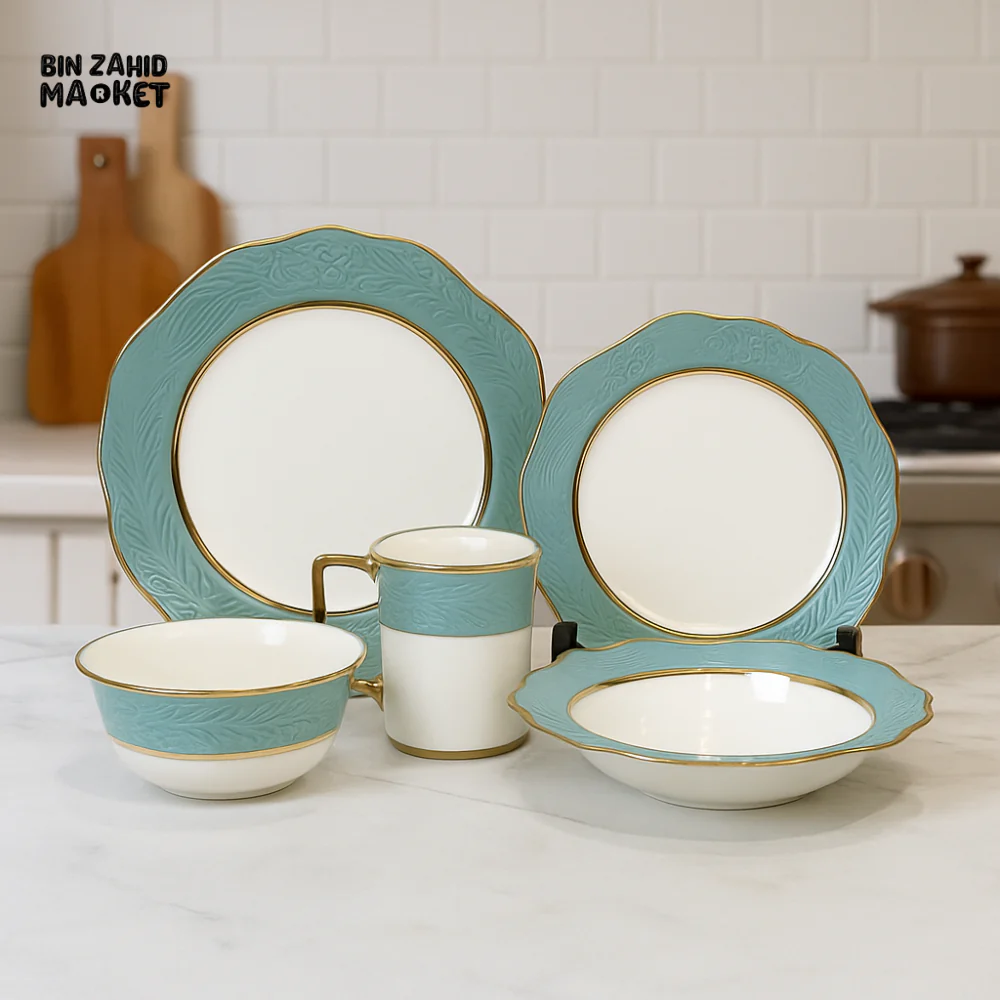 ELEGANT FLORAL EMBOSSED DINNER SET – 30-PIECE PREMIUM PORCELAIN TABLEWARE WITH TURQUOISE RIM LUXURY KITCHEN COLLECTION