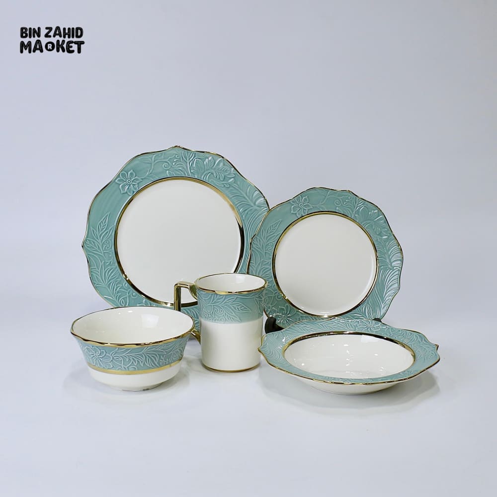 ELEGANT FLORAL EMBOSSED DINNER SET – 30-PIECE PREMIUM PORCELAIN TABLEWARE WITH TURQUOISE RIM LUXURY KITCHEN COLLECTION - Image 2