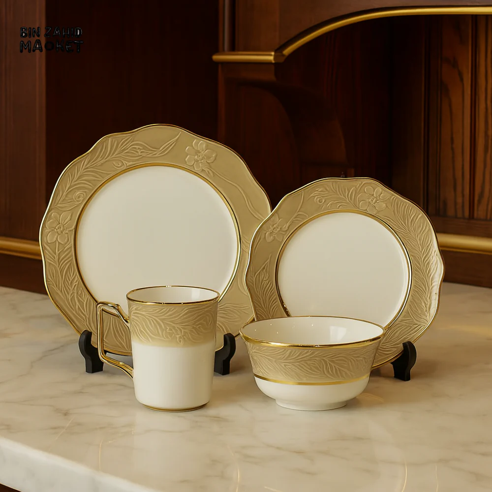 ELEGANT FLORAL EMBOSSED TEA SET – 16-PIECE PREMIUM PORCELAIN TABLEWARE WITH GOLD RIM LUXURY DINING COLLECTION