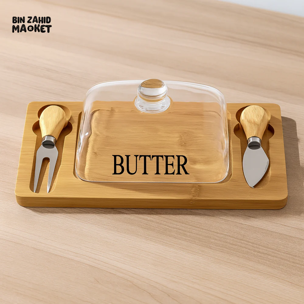 ELEGANT GLASS BUTTER KEEPER WITH DUAL KNIFE HOLDERS