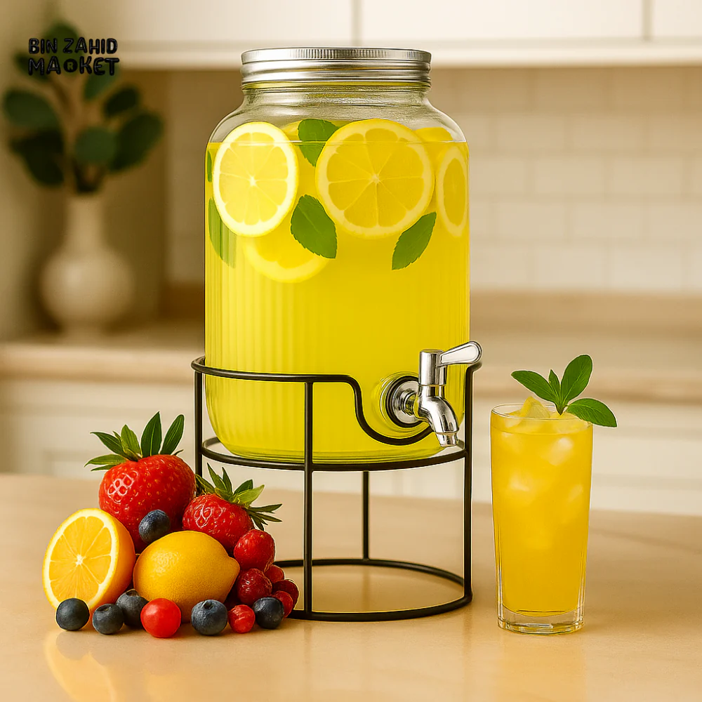 ELEGANT GLASS WATER BEVERAGES DISPENSER 8 LITRES - METAL STAND