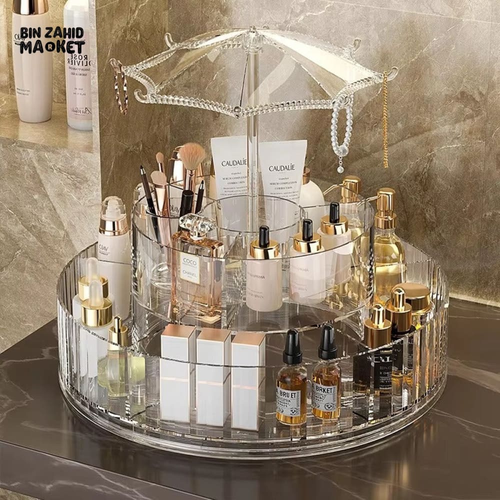 ELEGANT ROTATING COSMETIC STAND – MULTI-TIER MAKEUP HOLDER WITH CRYSTAL UMBRELLA TOP - Image 2
