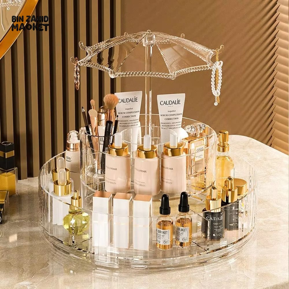 ELEGANT ROTATING COSMETIC STAND – MULTI-TIER MAKEUP HOLDER WITH CRYSTAL UMBRELLA TOP - Image 3