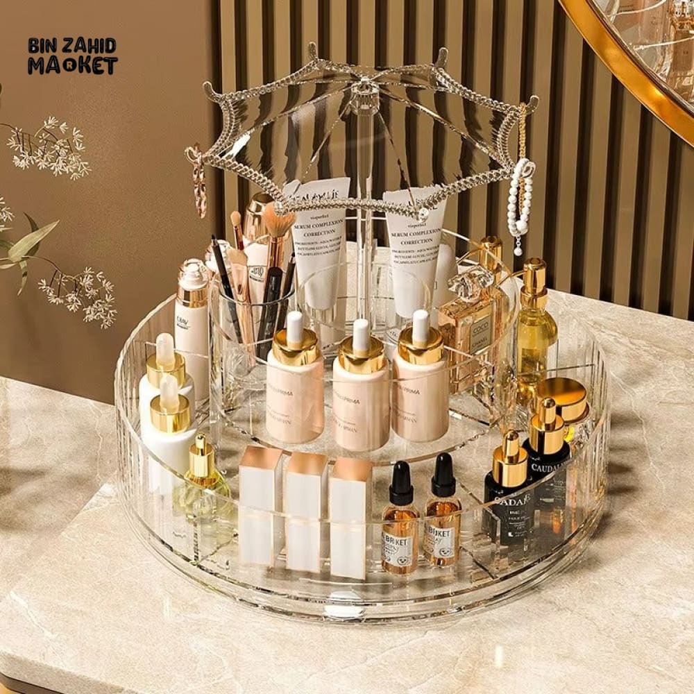 ELEGANT ROTATING COSMETIC STAND – MULTI-TIER MAKEUP HOLDER WITH CRYSTAL UMBRELLA TOP - Image 4