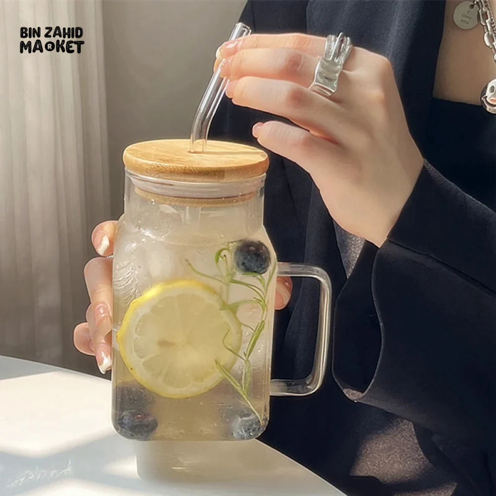 ELEGANT SQUARE GLASS SMOOTHIE CUP WITH HANDLE & STRAW – STYLISH & PRACTICAL DESIGN - Image 2