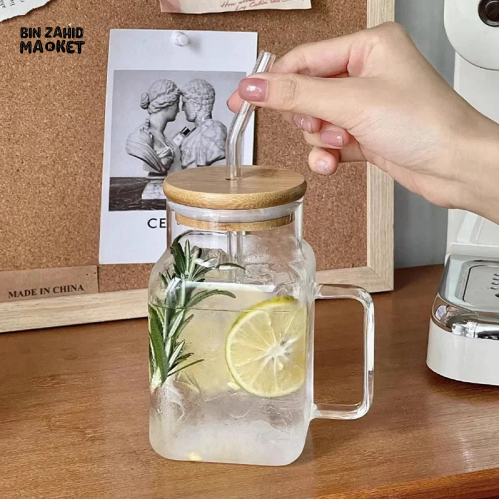 ELEGANT SQUARE GLASS SMOOTHIE CUP WITH HANDLE & STRAW – STYLISH & PRACTICAL DESIGN - Image 3