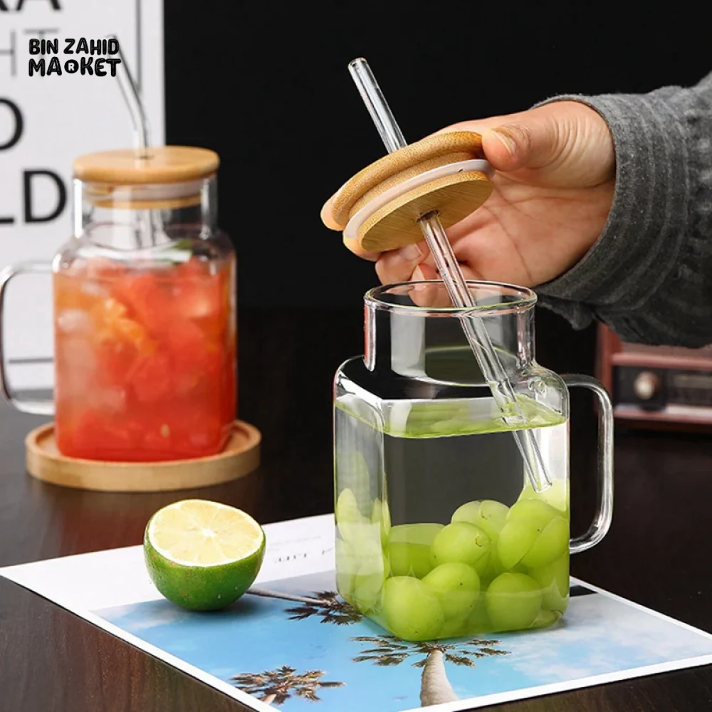 ELEGANT SQUARE GLASS SMOOTHIE CUP WITH HANDLE & STRAW – STYLISH & PRACTICAL DESIGN - Image 4
