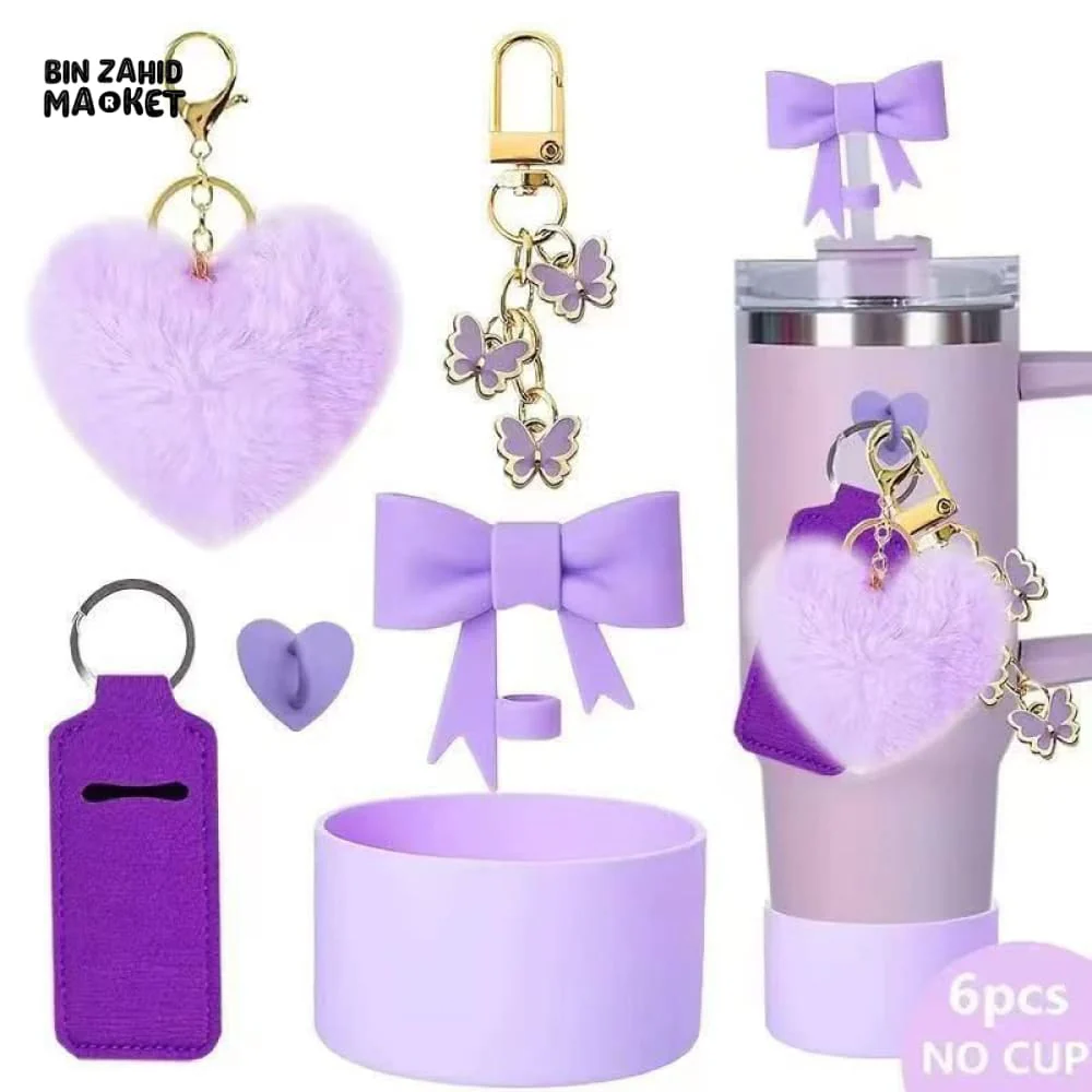 ELEGANT TUMBLER ACCESSORY SET – 6 PEICES BOW HEART BUTTERFLY CHARMS & PROTECTIVE BASE - PURPLE