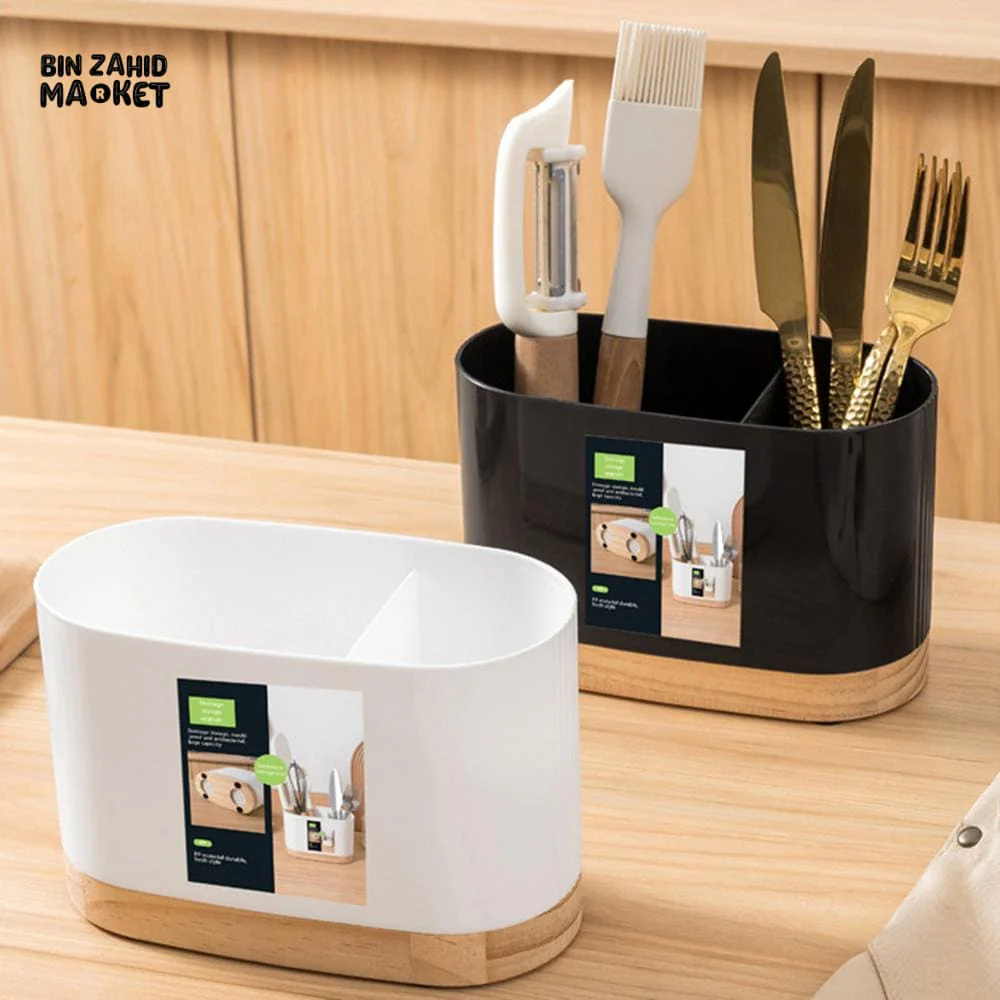 CUTLERY CONTAINER WITH WOODEN BASE – CHOPSTICK HOLDER UTENSIL STORAGE RACK AND DRAINING BOARD FOR KITCHEN - Image 2