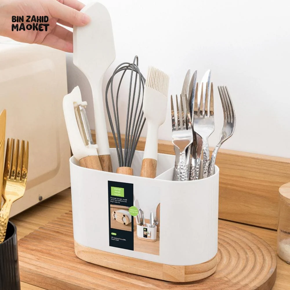 CUTLERY CONTAINER WITH WOODEN BASE – CHOPSTICK HOLDER UTENSIL STORAGE RACK AND DRAINING BOARD FOR KITCHEN - Image 3