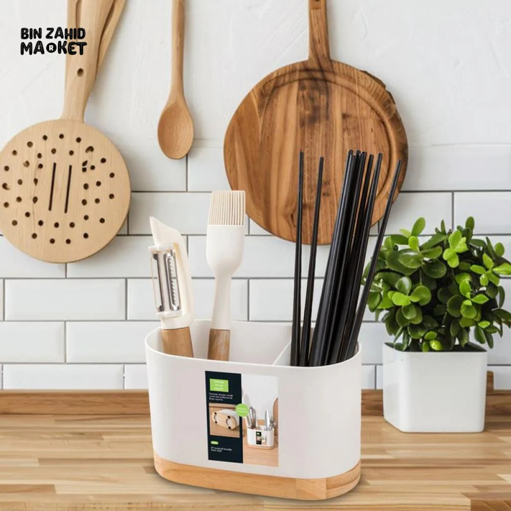 CUTLERY CONTAINER WITH WOODEN BASE – CHOPSTICK HOLDER UTENSIL STORAGE RACK AND DRAINING BOARD FOR KITCHEN - Image 5