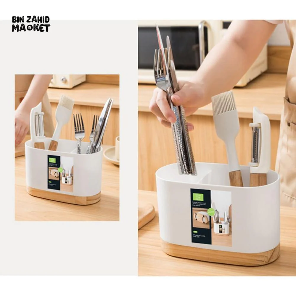 CUTLERY CONTAINER WITH WOODEN BASE – CHOPSTICK HOLDER UTENSIL STORAGE RACK AND DRAINING BOARD FOR KITCHEN - Image 6