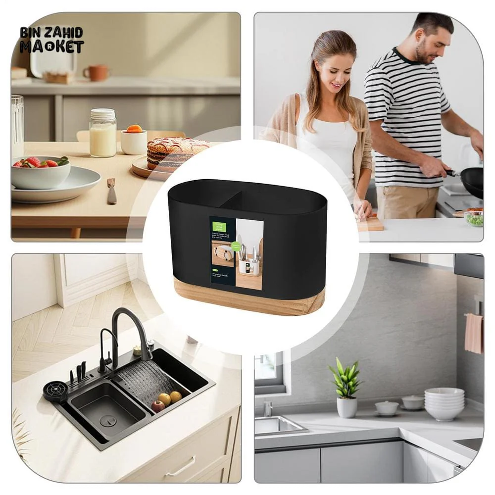 CUTLERY CONTAINER WITH WOODEN BASE – CHOPSTICK HOLDER UTENSIL STORAGE RACK AND DRAINING BOARD FOR KITCHEN - Image 7