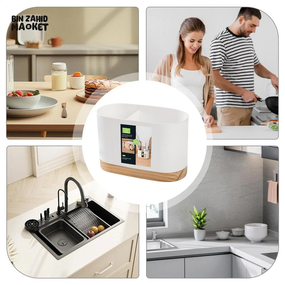 CUTLERY CONTAINER WITH WOODEN BASE – CHOPSTICK HOLDER UTENSIL STORAGE RACK AND DRAINING BOARD FOR KITCHEN - Image 8