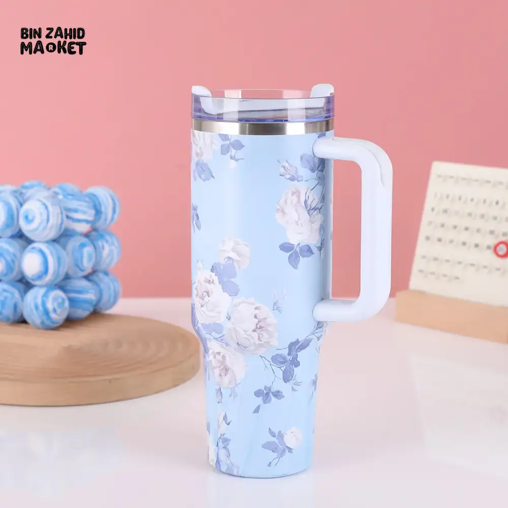FLORAL LARGE CAPACITY TRAVEL TUMBLER 40 OZ– VACUUM INSULATED 304 STAINLESS STEEL WATER BOTTLE PORTABLE ICE KING CAR CUP FOR HOT & COLD BEVERAGES  - BLUE