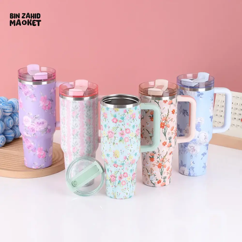 FLORAL LARGE CAPACITY TRAVEL TUMBLER 40 OZ– VACUUM INSULATED 304 STAINLESS STEEL WATER BOTTLE PORTABLE ICE KING CAR CUP FOR HOT & COLD BEVERAGES  - BLUE - Image 4