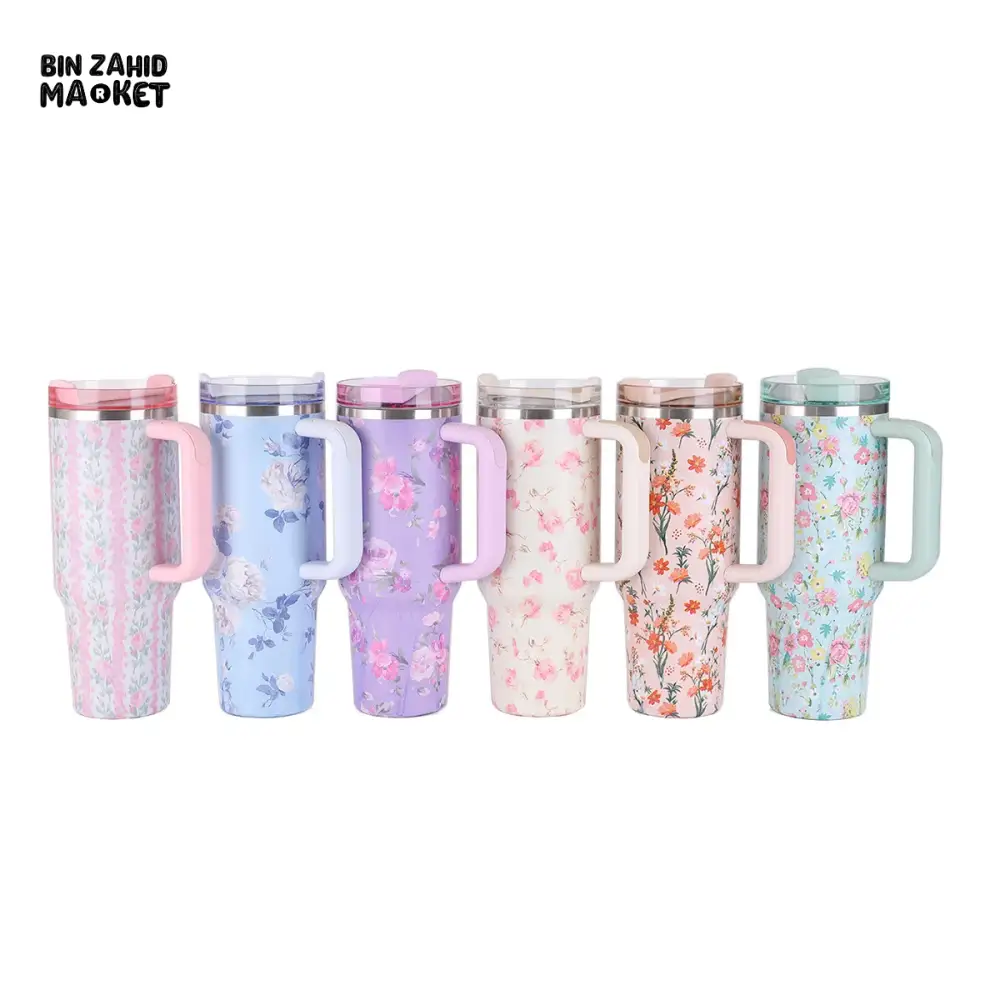 FLORAL LARGE CAPACITY TRAVEL TUMBLER 40 OZ– VACUUM INSULATED 304 STAINLESS STEEL WATER BOTTLE PORTABLE ICE KING CAR CUP FOR HOT & COLD BEVERAGES  - BLUE - Image 5