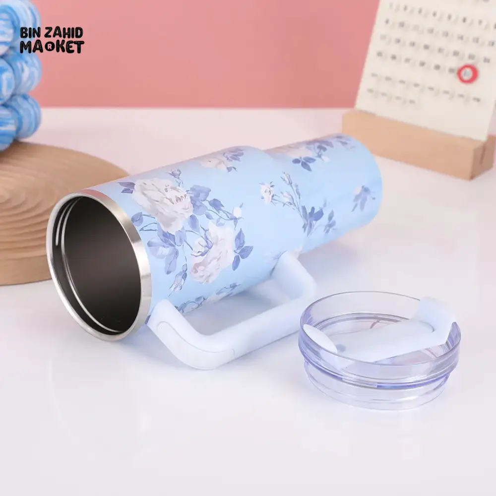 FLORAL LARGE CAPACITY TRAVEL TUMBLER 40 OZ– VACUUM INSULATED 304 STAINLESS STEEL WATER BOTTLE PORTABLE ICE KING CAR CUP FOR HOT & COLD BEVERAGES  - BLUE - Image 7