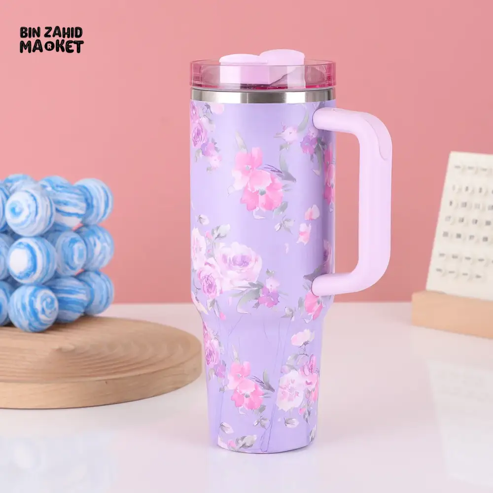 FLORAL LARGE CAPACITY TRAVEL TUMBLER 40 OZ– VACUUM INSULATED 304 STAINLESS STEEL WATER BOTTLE PORTABLE ICE KING CAR CUP FOR HOT & COLD BEVERAGES - PEACH FLORAL - Image 7